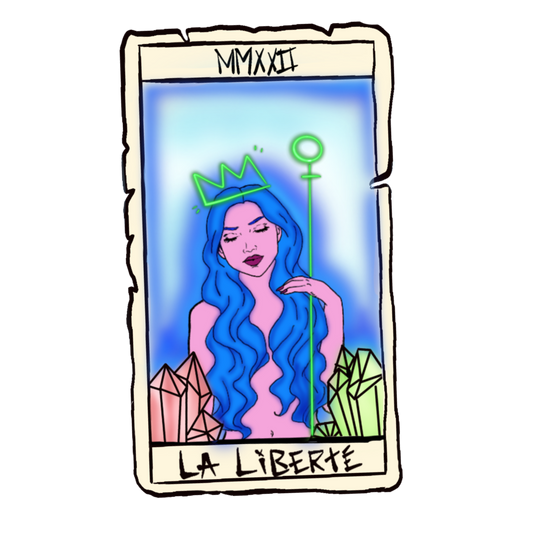 Autocollant La Liberté en carte de tarot avec une déesse et des cristaux